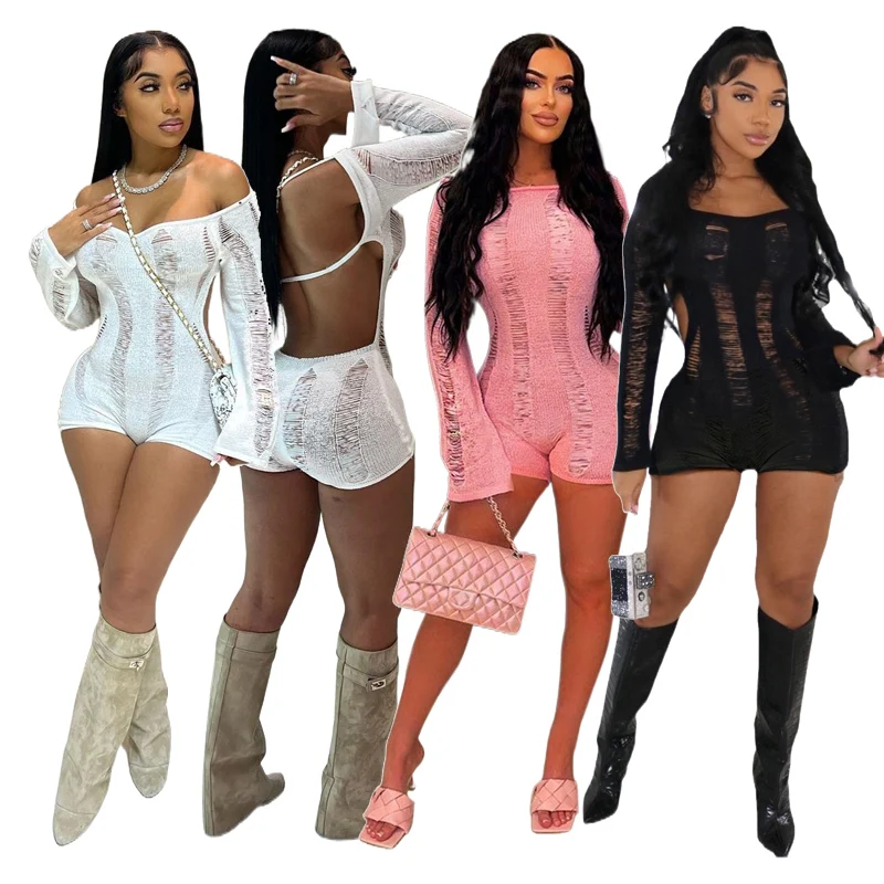 2023 Spring Women Long Sleeve Hollow Out See Through One Piece Jumpsuit Womens Rompers