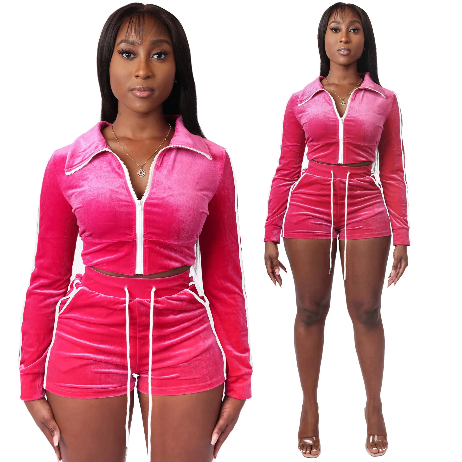 fall lounge wear 2022 Custom logo Wholesale Crop Velour Two Piece Tracksuit Zip Up Sweatshirt Shorts Set velvet Women clothes
