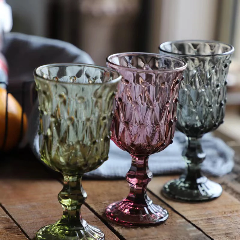 Vintage Lead-free Green Milk Purple Gray Fruit Bubble Wine Glass Embossed Colored  Wedding Wine Glass Red Wine Goblet Glass