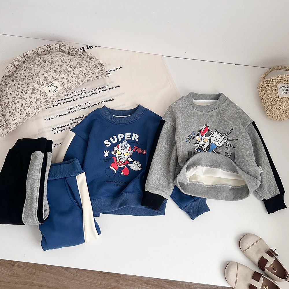 Purorigin Cartoon Design Ultraman Long Sleeve Pullover O-Neck Causal  Fleece Kids Hoodies Set 2 PCS Sweatshirts and Sweatpants