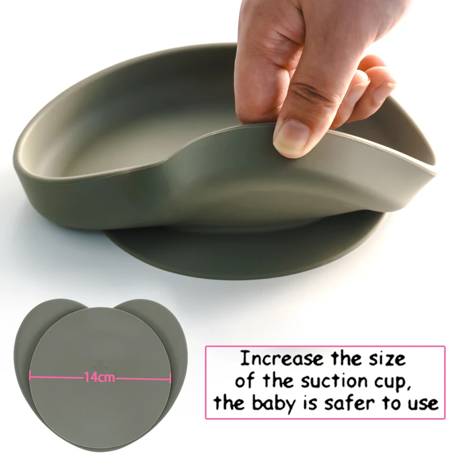 Popular Food Grade Baby Durable Cute Heart Shape Soft Safety Anti Drop Silicone Suction Plate Feeding Tableware For Newborn