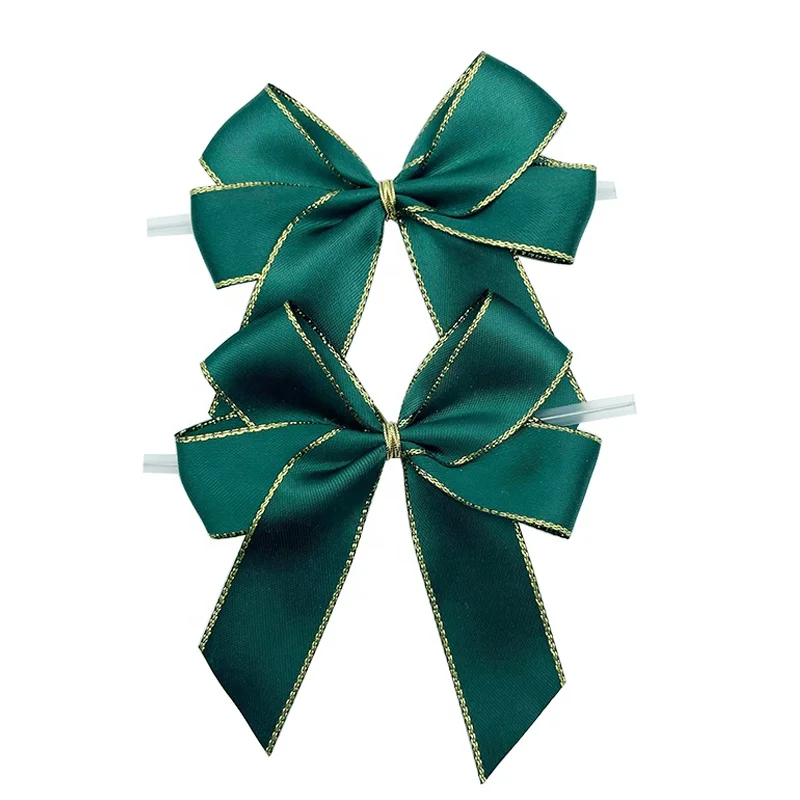 E-Magic Wholesale Custom Pre-tied Satin Ribbon Bow Decoration Gold Edge Packing Ribbons Bow with Twist Tie