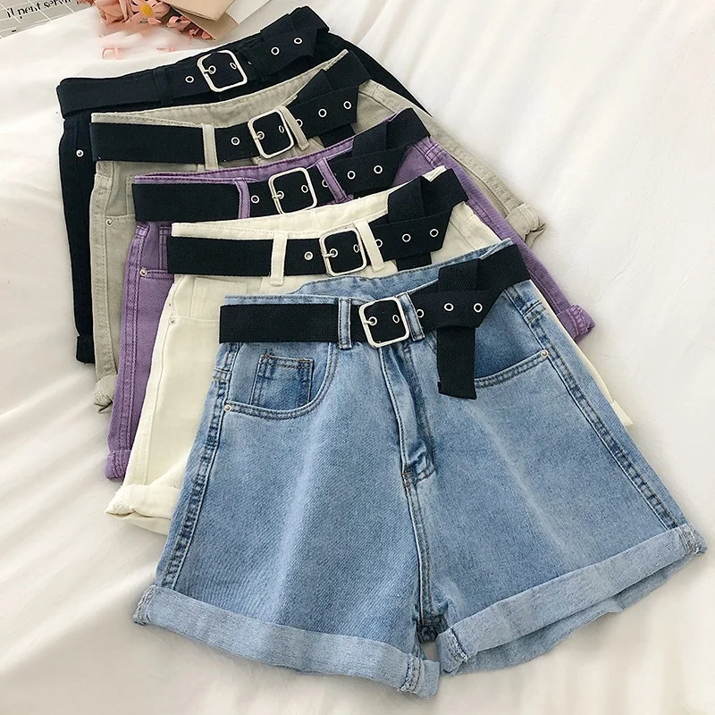 
Women High Waist Denim Shorts Soild Candy Color 2021 New Casual Summer Female Blue Loose Bottoms Roll Hem Short Jeans 