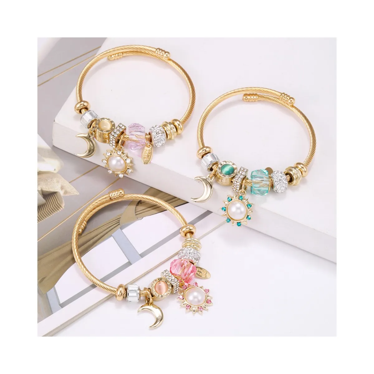 Stainless steel bracelet series Star Mosaic Sunflower Pendant Gold open bracelet DIY beaded bracelet for women