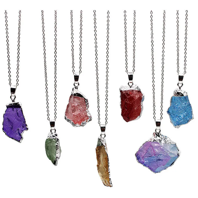 Natural Crystal Pendant Necklace Rainbow Original Stone Electroplated Pendant Amethyst Rock Necklace Gold Chain Quartz Charm
