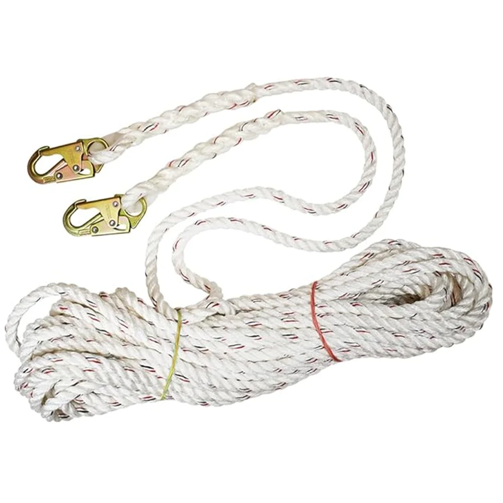 50 Foot Vertical White Polydac Roofing Climbing Rope Lifeline with Snap Hooks at Both Ends Safety Rope