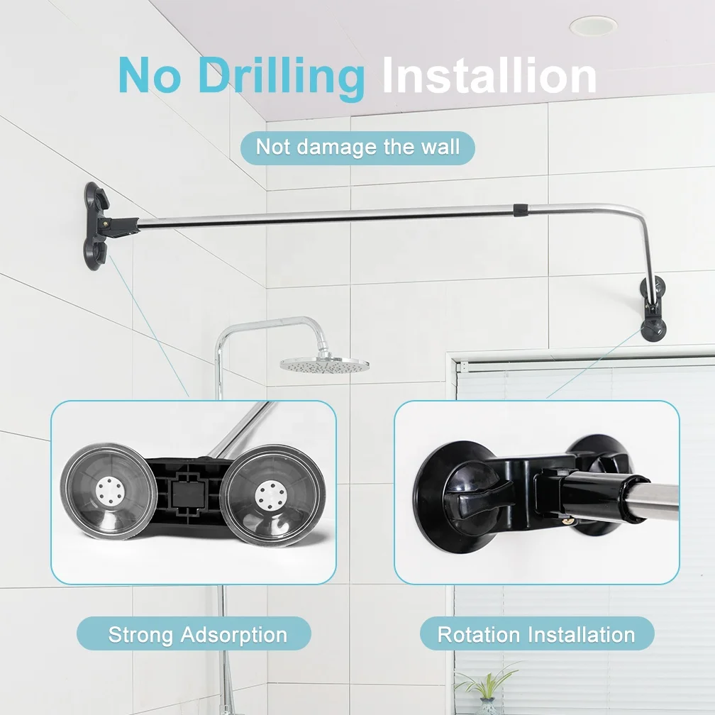 BAOYOUNI Black Telescopic Corner Shower Rod L Shaped Suction Cup Bathroom Curtain Rail Bathtub Curtain Bar without Drilling