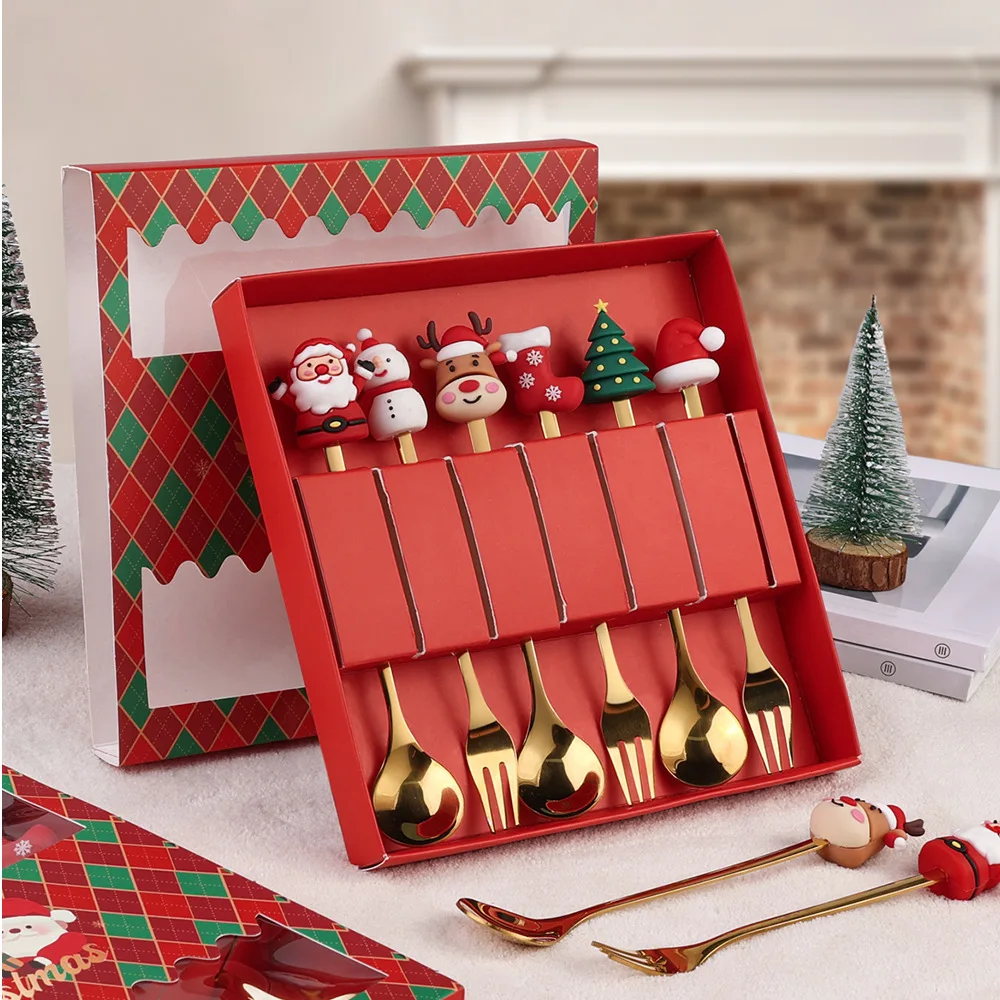 Christmas Gifts fork spoon set Christmas Tree Santa Claus Elk Dessert Coffee Spoon Christmas spoon gift set stainless steel