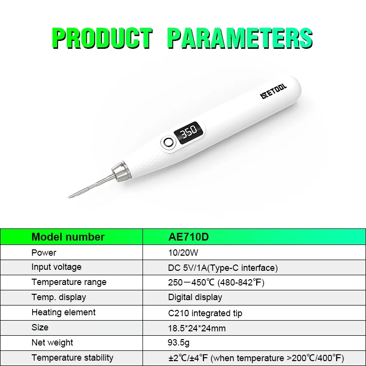 USB-C cordless soldering iron AE710D C210 integrated active heater plug in design,easy insertion & removal for Precision Repair