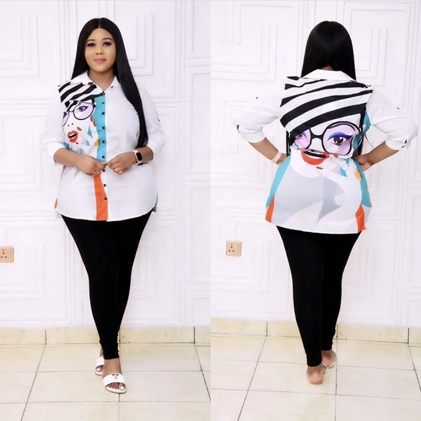 
Cyalaa Plus Size Turn-Down Neck Printing High Quality White Button People Pattern Hot Sale White Shirts Women 