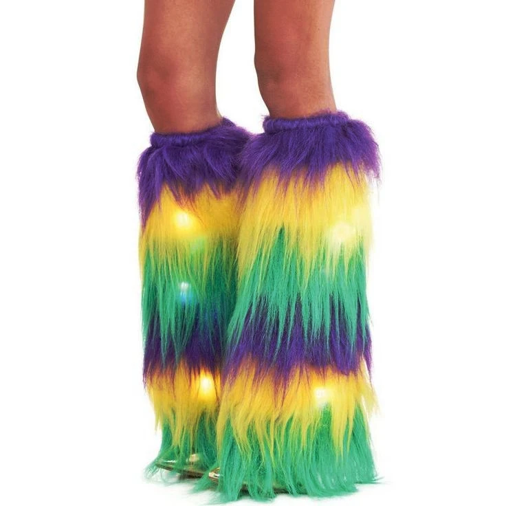 Haiwin Party Mardi Gras Purple Yellow Green Furry Leg Warmers for Women Masquerade Mardi Gras Costume