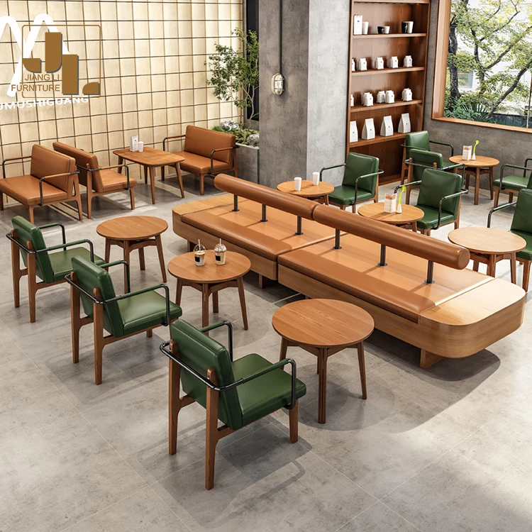 Modern cafe leisure seating sofa commercial hotel restaurant wood frame leather dining table and chair set furniture