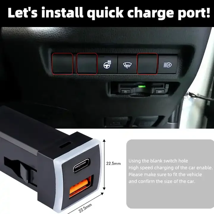 Led light Square style Square style  DC12V/24V  PD QC3.0 USB Car Charger For Toyota