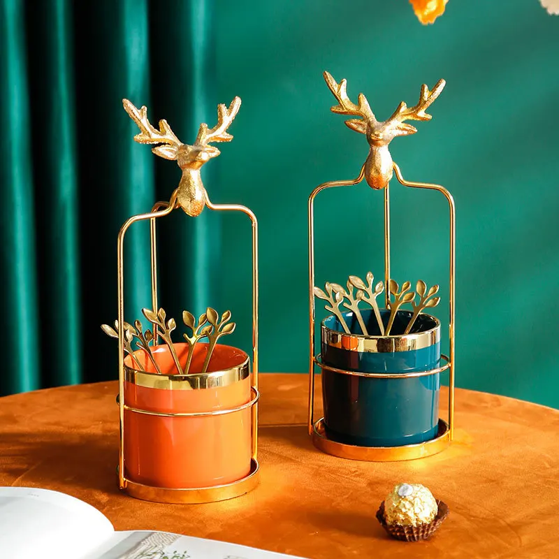 Nordic simple metal elk type ceramic fruit fork spoon placing jar household dessert cake fork jar