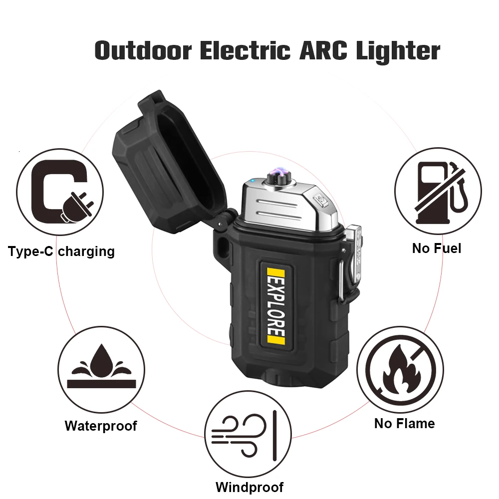 Outdoor multifunction rechargeable electric arc plastic lighter with lamp