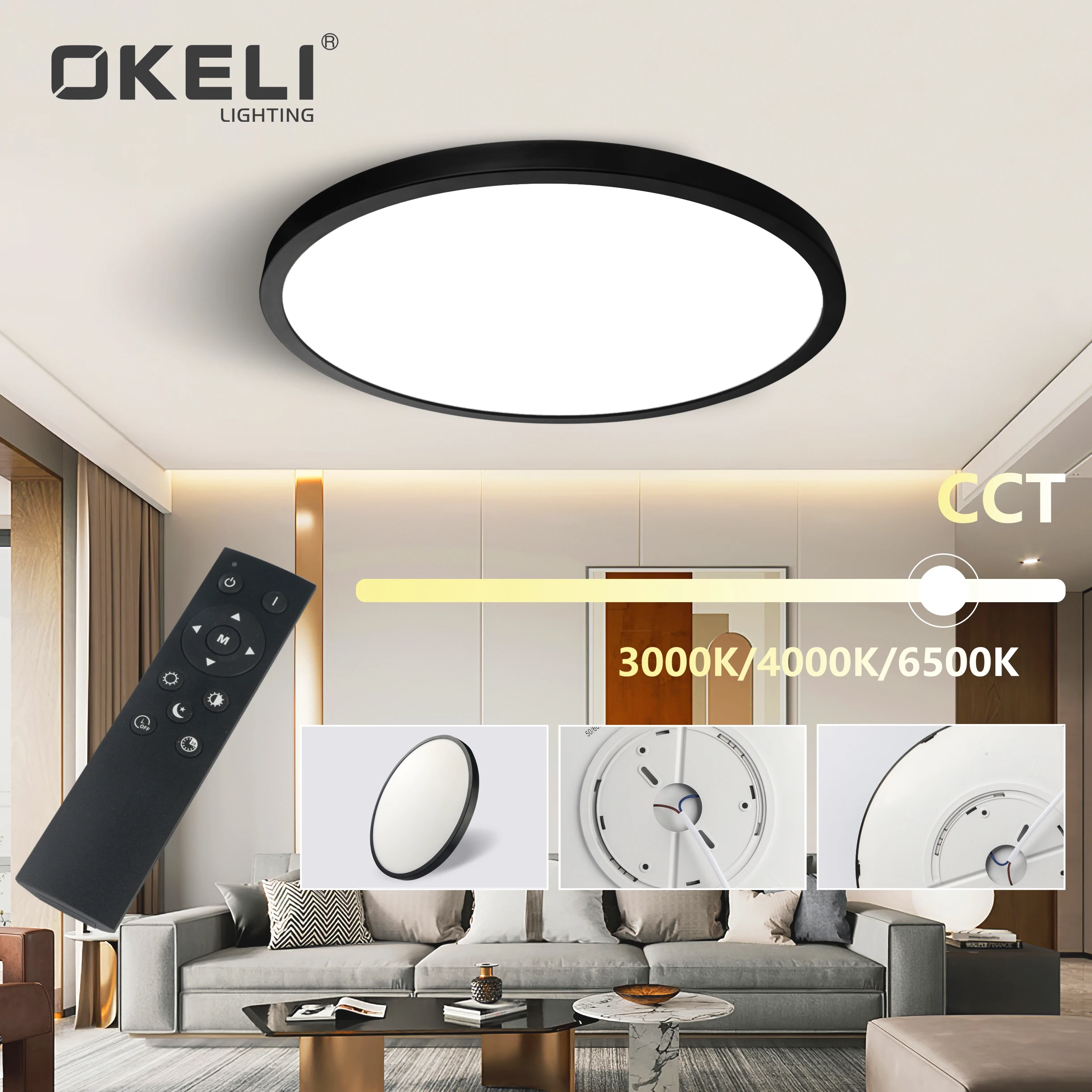 OKELI 24w 28w 38w 48w Modern Design Ultra Thin Round Remote Dimmable Led Ceiling Light