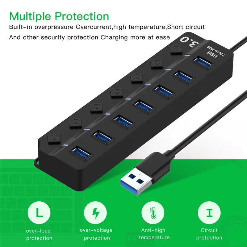 high speed Usb 3.0 Splitter Multiport Adapter 7 Ports Usb Hub With Power Adapter For Laptop Computer