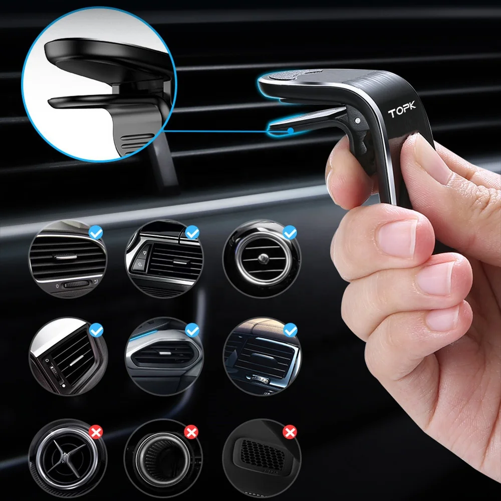 
Free Shipping TOPK D11 L Shape Clamp Phone Holder Stand Magnet Air Vent Metal Car Phone Holder 