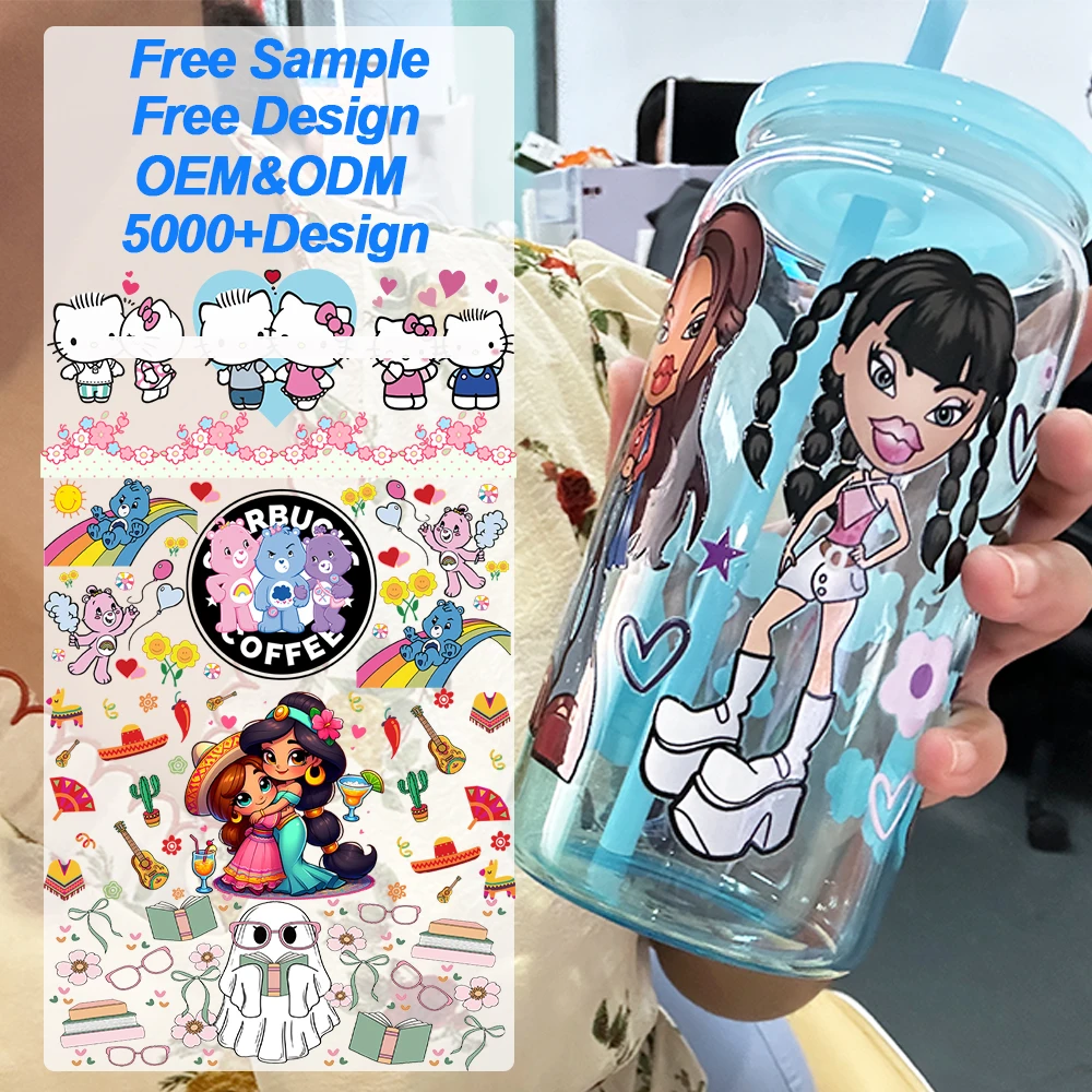 Factory Hot Sale Good Quality Ready To Ship Cartoon Transfer Logo Sticker Vinyl UV DTF Cup Wrap Transfers 16oz For Glass Cups