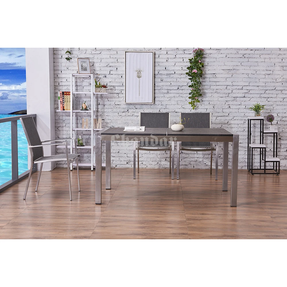 Stable Rustproof Inlay Structure 304 Grade Stainless Steel Frame Outdoor Granite Patio Garden Dining Tables And Chairs