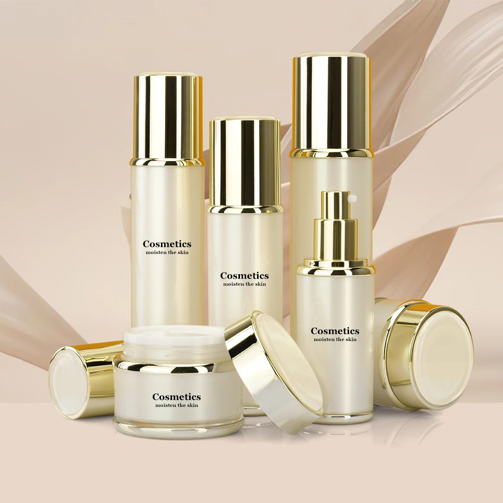 luxury skincare packaging cosmetic acrylic sets plastic acrylic containers jar and bottle with gold lid