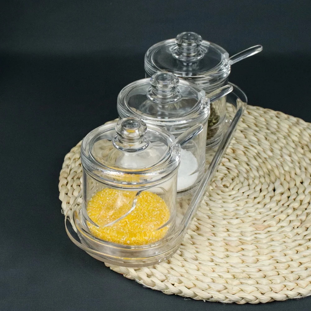 3-piece Set Seasoning Box, Clear Acrylic Spice Pots Storage Container Jars With Spoons and tray
