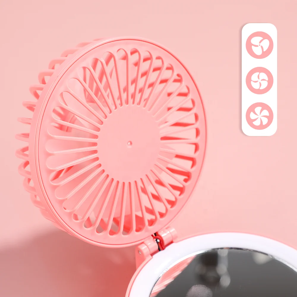 Прекрасное портативное светодиодное зеркало для макияжа с вентилятором, многофункциональное розовое светодиодное ручное косметическое зеркало с вентилятором