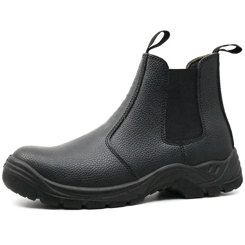 
Safety equipment slip resistant black embossed leather steel toe puncture proof no lace safety shoes for men 