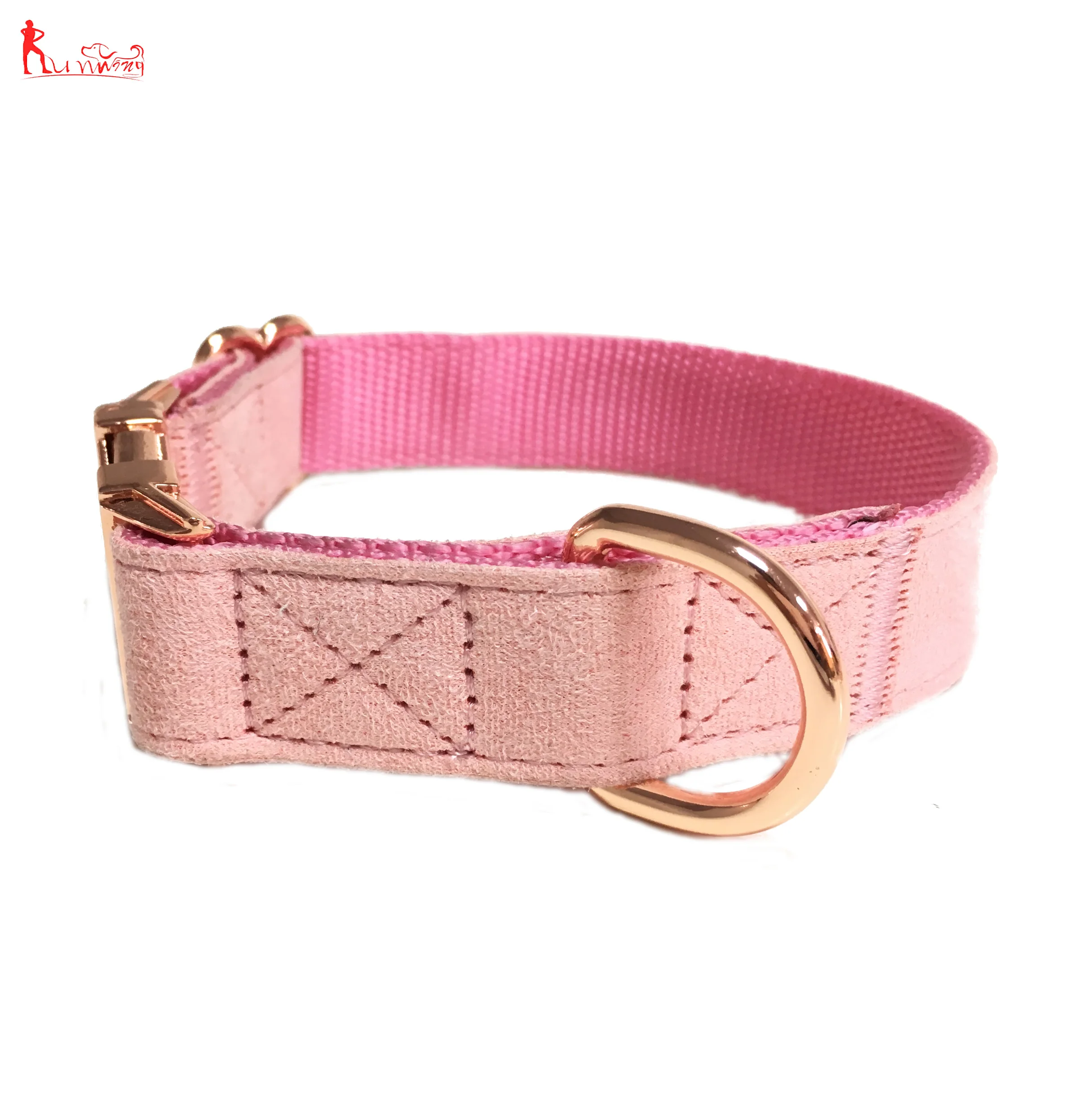 Premium Soft Velvet Pink Pet Dog Collar and Leash Set,Adjustable Collars with Rose Gold Metal Buckle D-ring
