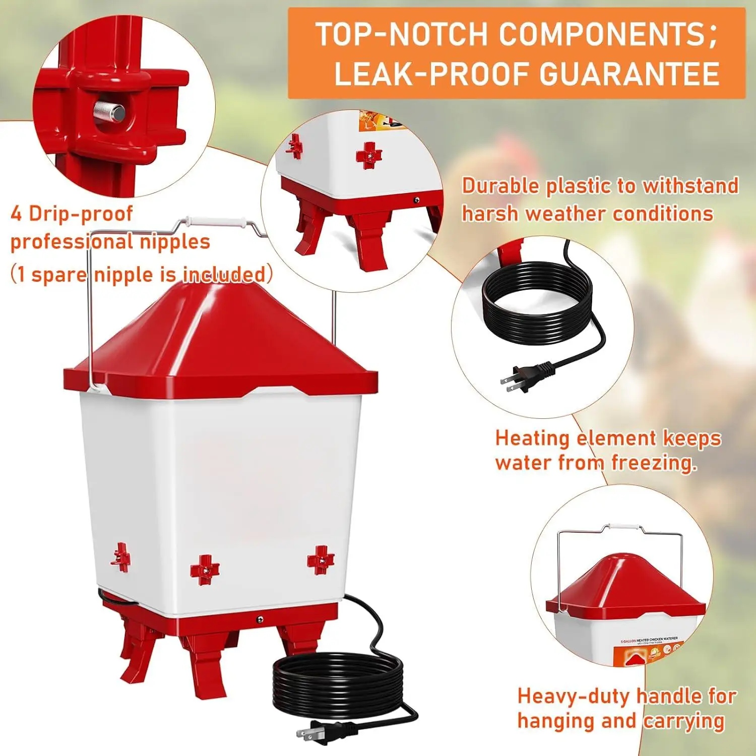 5 Gal Chicken Heated Waterer Drinker With Adjustable Legs In Winter