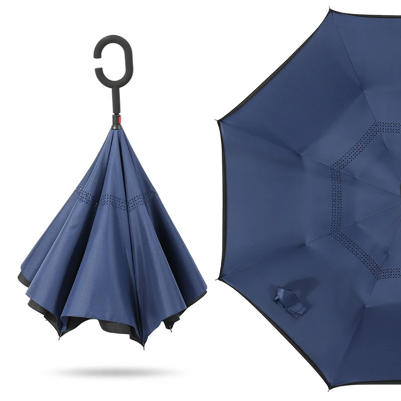 HJH531 Custom LOGO Windproof Reverse C-Hook Male Umbrella Reverse  Folding Long Shank Double Layer Inverted Umbrellas For Women