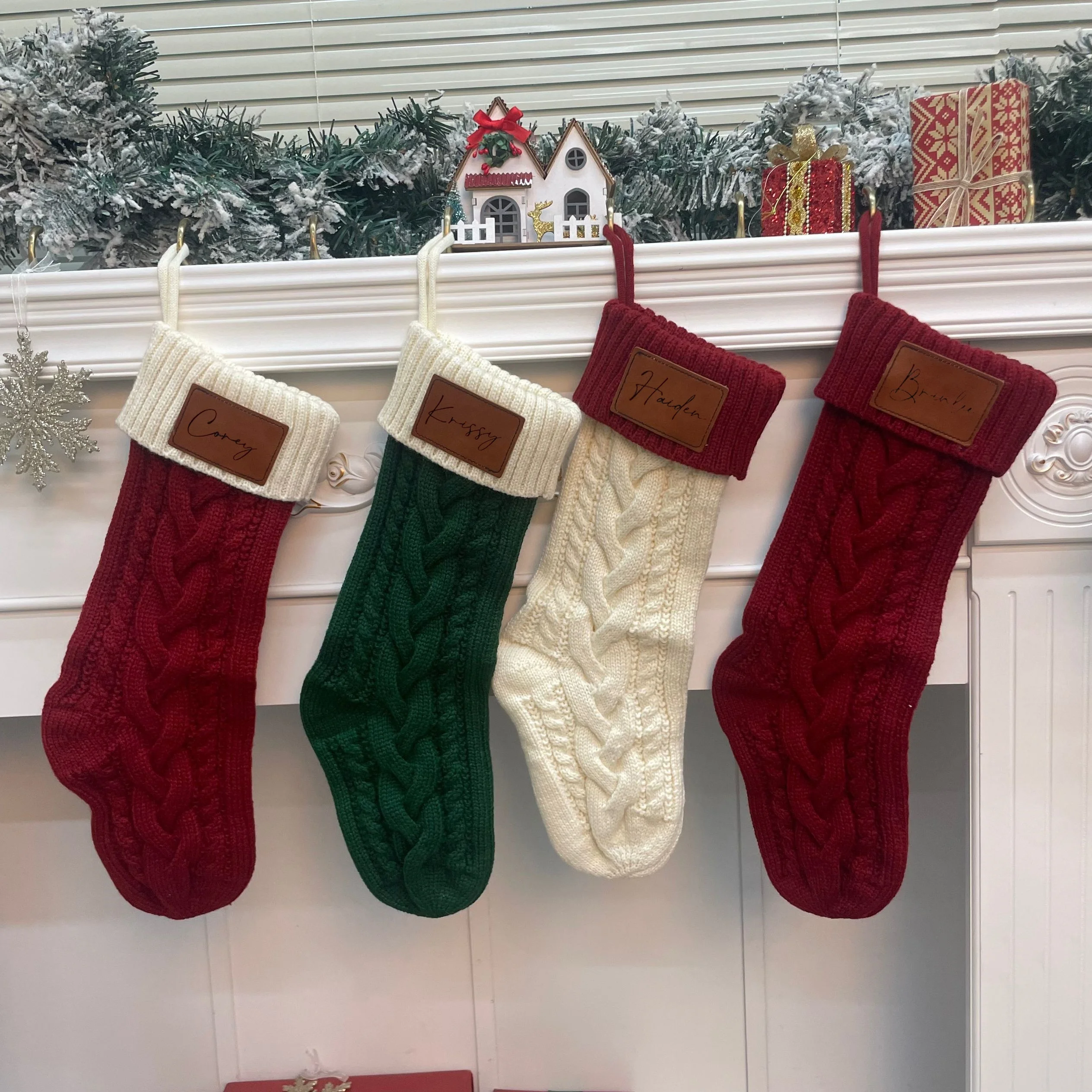 Merry Christmas Stocking Knitted Gift Bag Large Tree Pendant Decoration Leather Patch Party Supplies Luxury Christmas Stockings