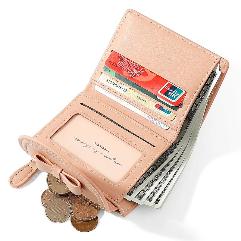 Taomicmic PU Leather For Women Bow-knot  Short Wallet Girls Zipper Coin Purse Key Wallet For Female Daily Clutch Purses