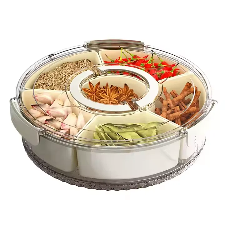 Portable Rotating 6-compartment kitchen spice storage box transparent large capacity fruit tray with Lid and Handle