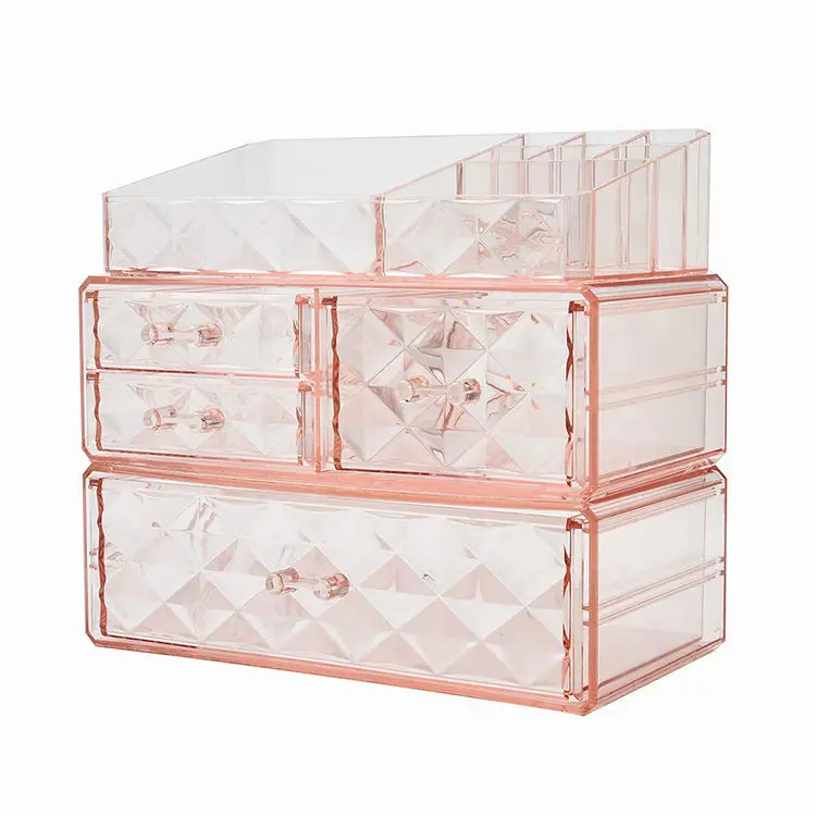 Choice Fun Wholesale Pink Diamond Pattern Clear Makeup Organizer Storage Box Cosmetic Storage Box