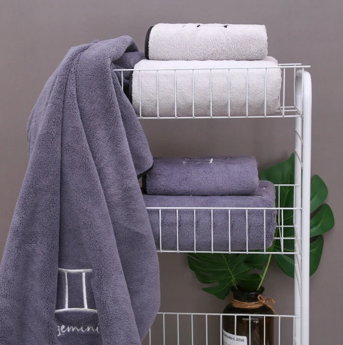 Coral fleece 12 constellations grey face bath towel sports sets with embroideriry