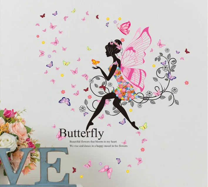 MZL Flower Girl Removable Wall Art Sticker Vinyl Decal Kids Room Home Mural Decor Bedroom Butterfly Paper Decorative Painting