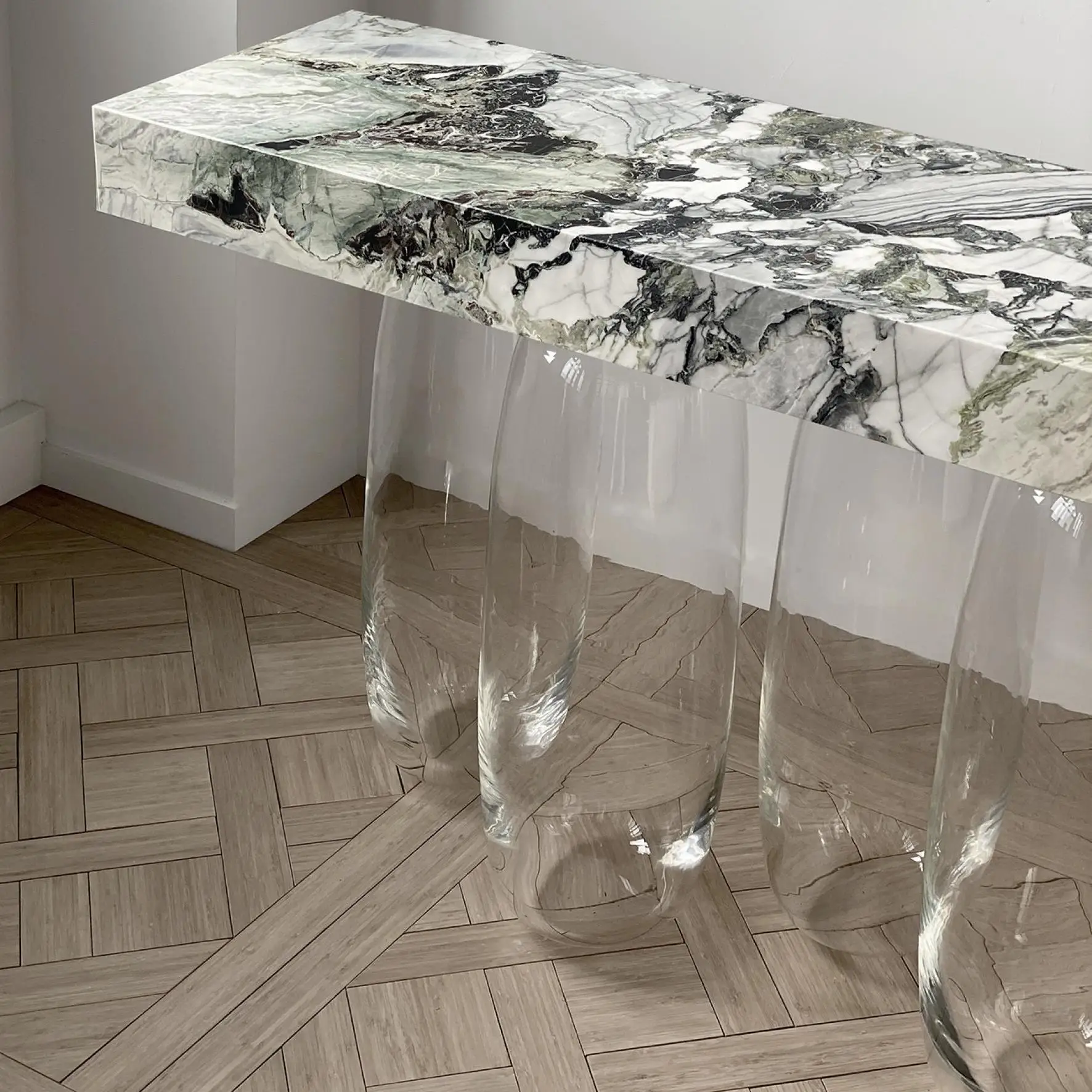 SHIHUI Customized Design Modern Nordic Living Room Furniture Antique Rectangle Long Table Glass Base Marble Top Console Table