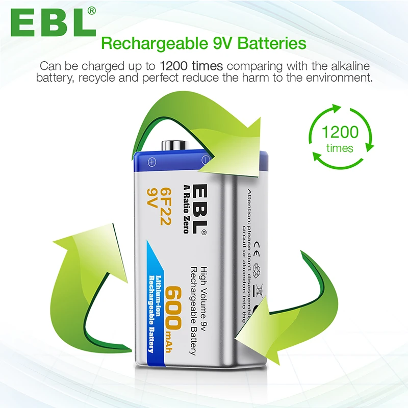 Аккумуляторная батарея EBL 9v литий-ионные батареи 600mAh литиевая аккумуляторная для дымовых сигналов