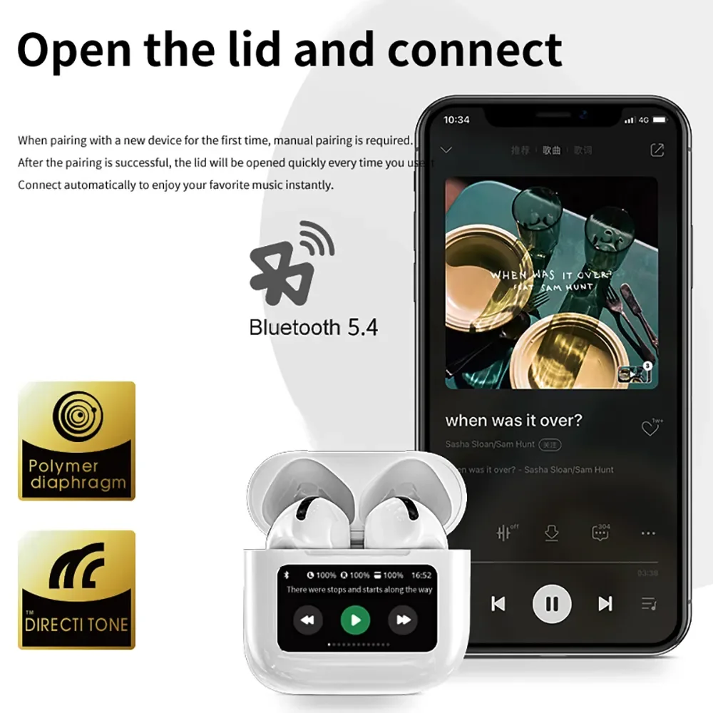 A12 Pro Smart In-Ear Earbuds with ENC Function BT 5.4 Wireless LCD Full Color Touch Screen Stereo Sound Sport Headphone Hot Sale