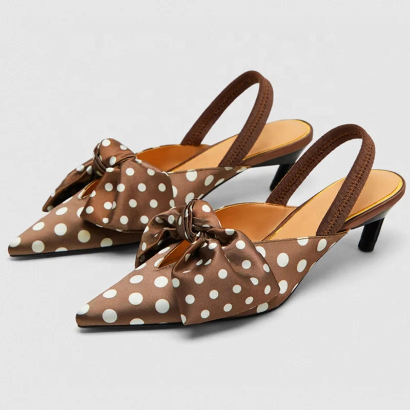 chengdu shoes  Summer Polka Dot Women Sandals Bowtie Kitten Heel Women Mules Pointed Toe Slingback High Heels Sandal Women Pumps