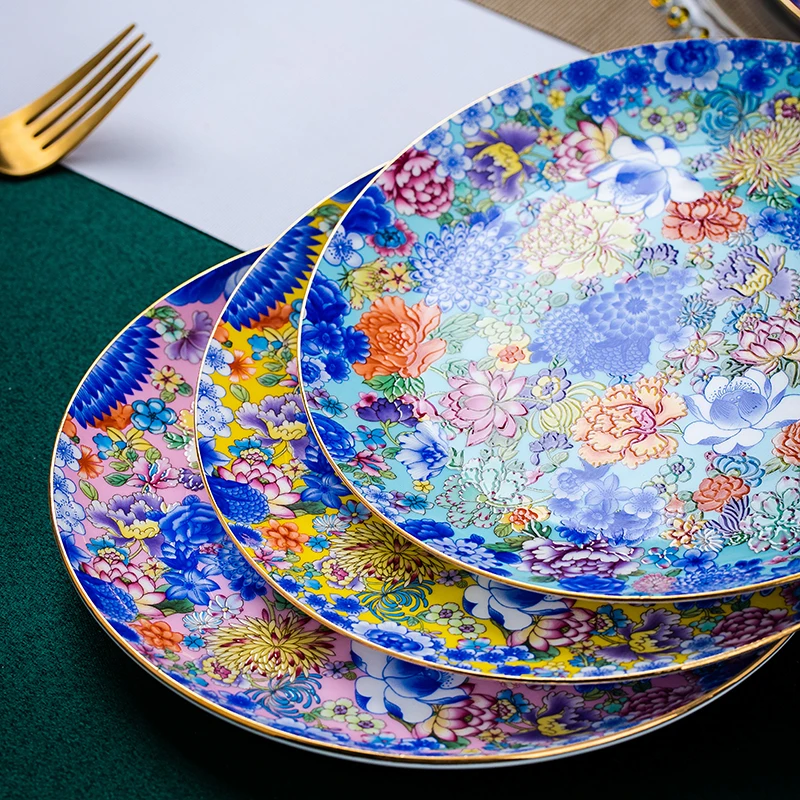 Doucai Wan Hua Series-8 Inches Full Flower Flat Plate Non-Circle High-End Tableware Non-Deep Dish Salad Steak Bowls for Export