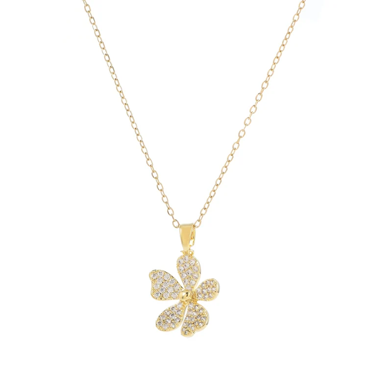 XL62587 Wholesale cute  zircon five petal flower delicate fashion stainless steel chain necklace  14K Gold Plated Women Jewelry
