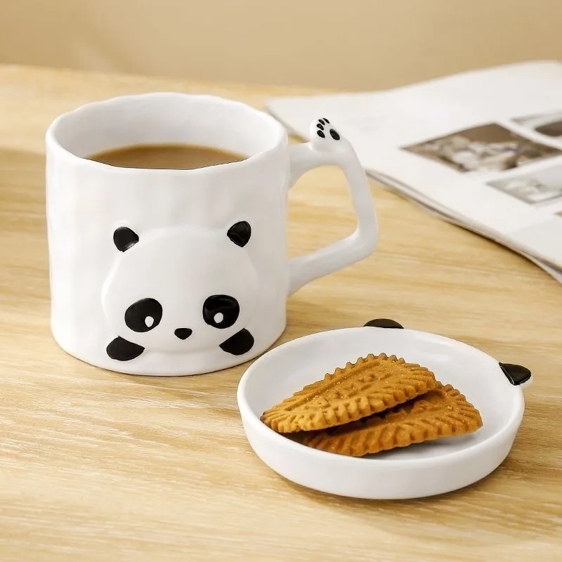 Creative Panda Design 2024 Cartoon Kawaii Cute Small Ceramic Coffee Mug With Plate Set For Kids