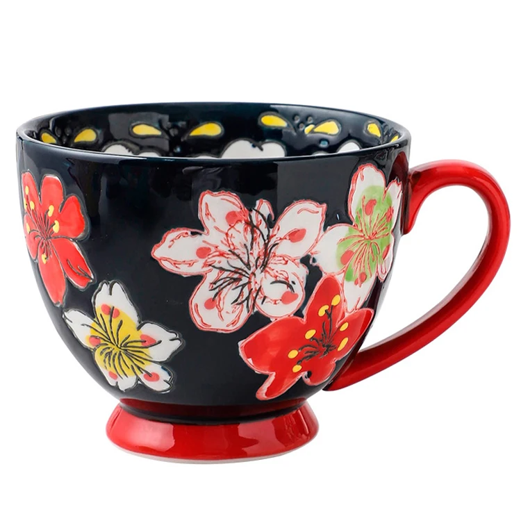 National Style Portable Food Grade Large Capacity Oatmeal Milk Breakfast Cup Reusable Hand-Painted Flower Ceramic Coffee Cup Mug