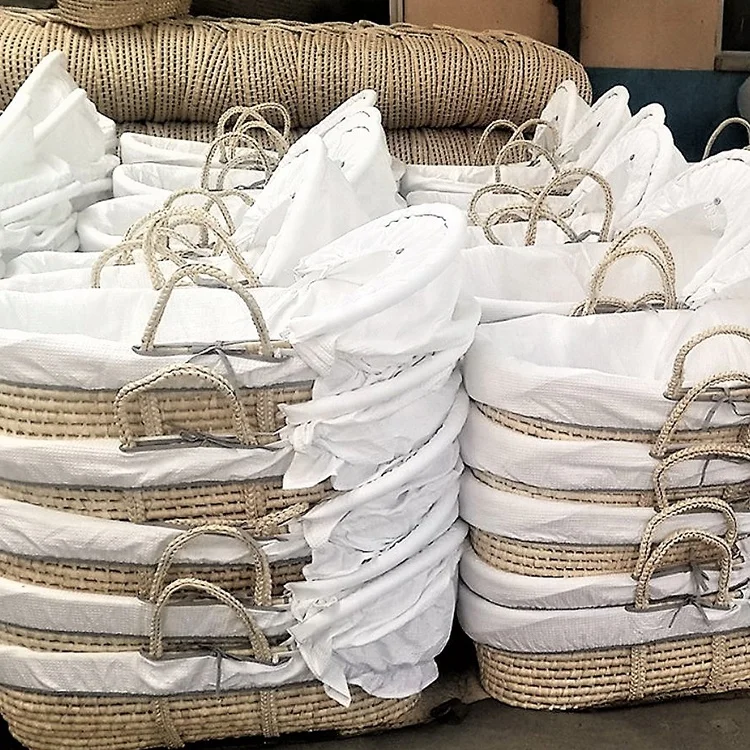 oval bleached white corn husk baby moses carrier basket, baby cradle with fabric cover, simple infant straw maize carrier