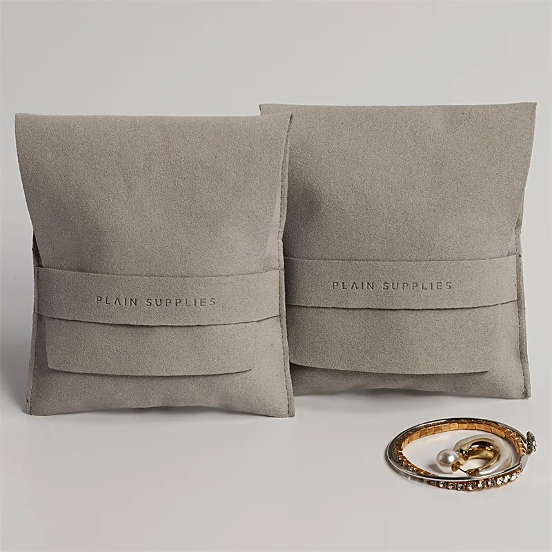 YCX Custom Logo Jewellery Pouch Bag Microfiber Suede Velvet Earring Necklace Snap Button Jewelry Pouch Packaging With Insert Pad