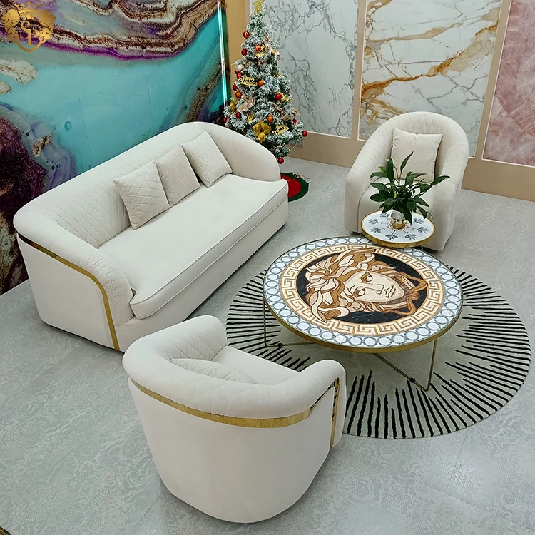 Stone mosaic white coffee table modern luxury golden american style round metal high end home furniture low side coffee table