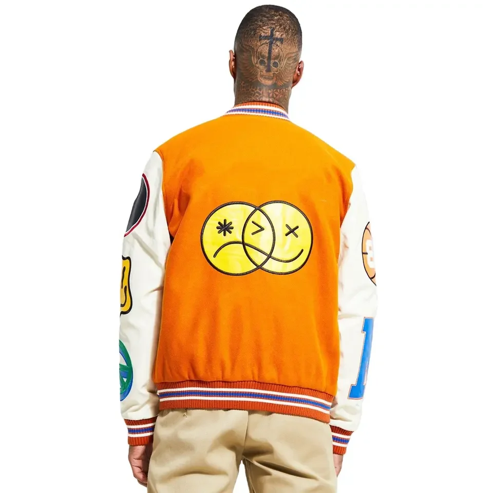 Custom Made American College Varsity Jacket with Blush-Colored Wool Blend & Leather Fabric with Chenille Decorative Patches