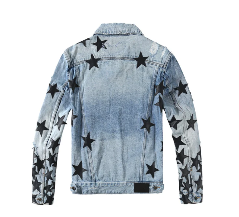 2022 Custom Design Jean Jacket men Pattern Printed Pentagram denim jacket broken hole print gradient washed jacket for man